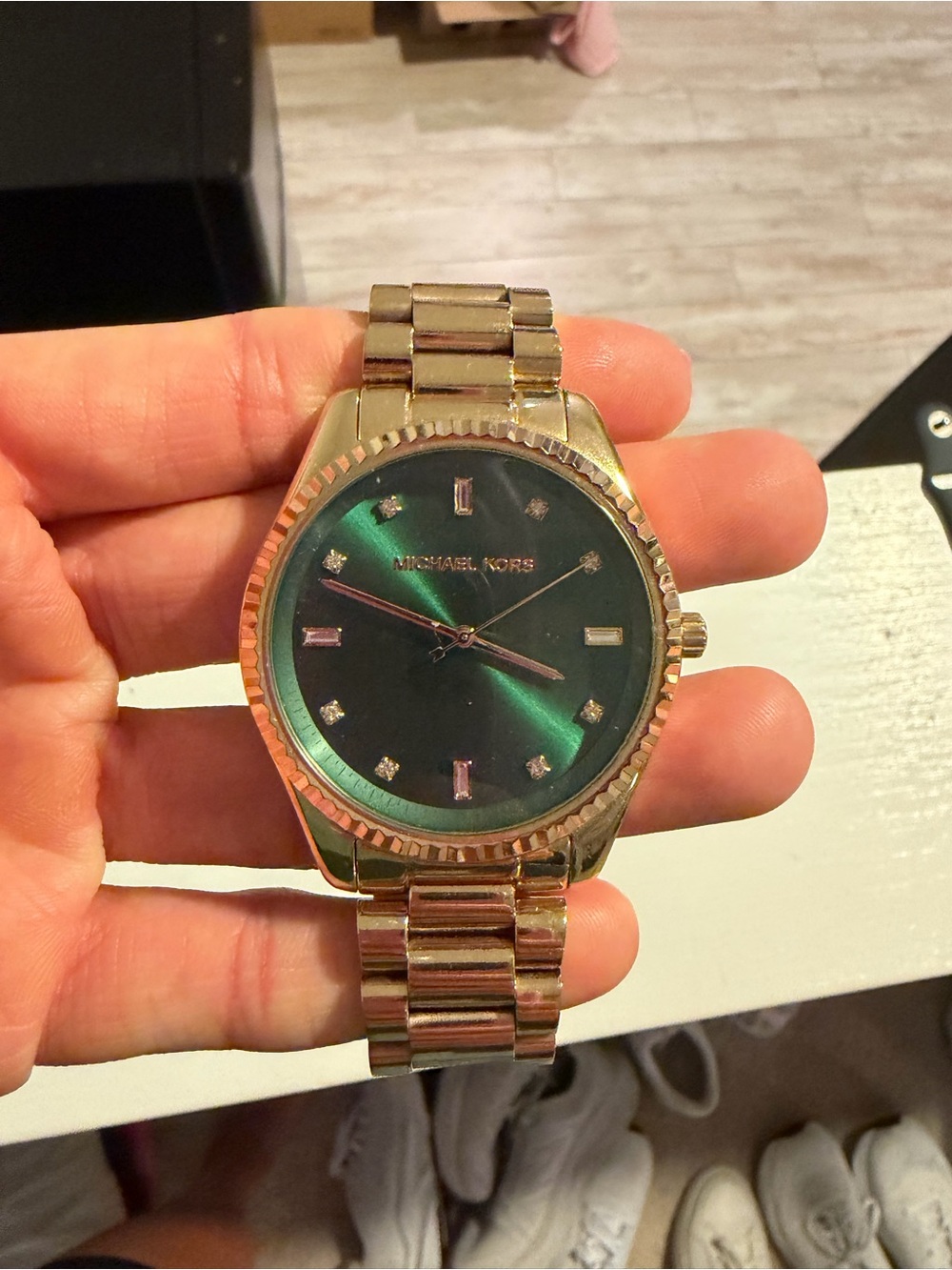 Michael Kors Gold Tone Watch with Green Sunray Dial